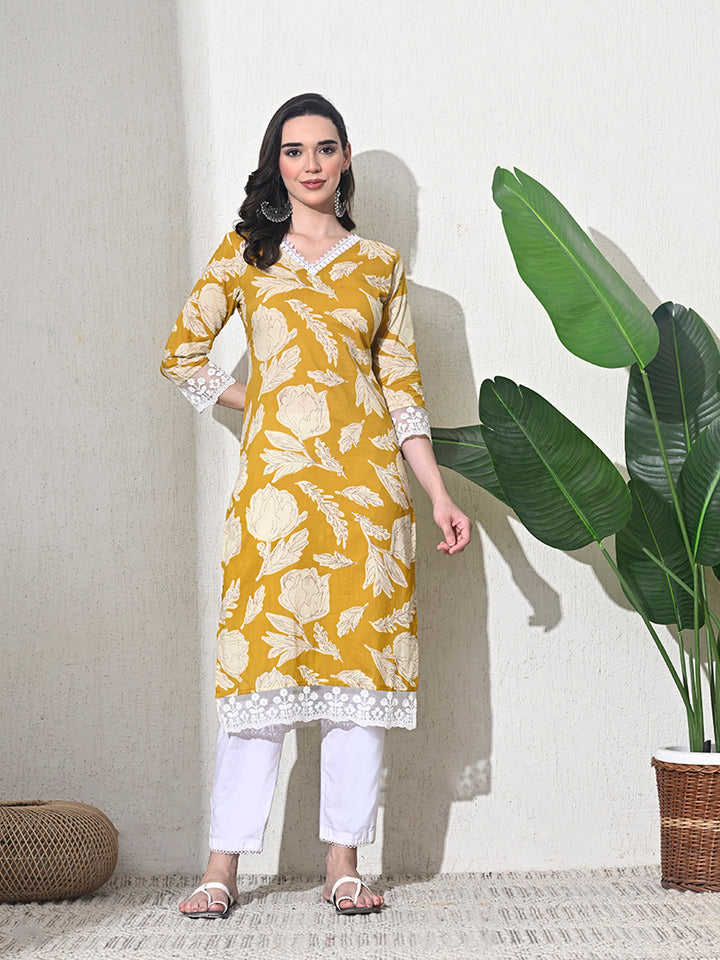 Yellow Printed Cotton Lace Work Kurta