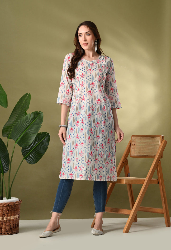White Floral Print Flared Kurtas