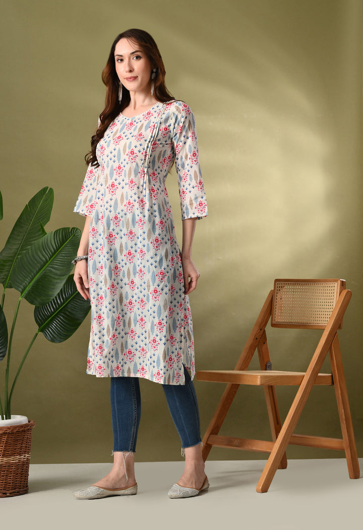 White Floral Print Flared Kurtas
