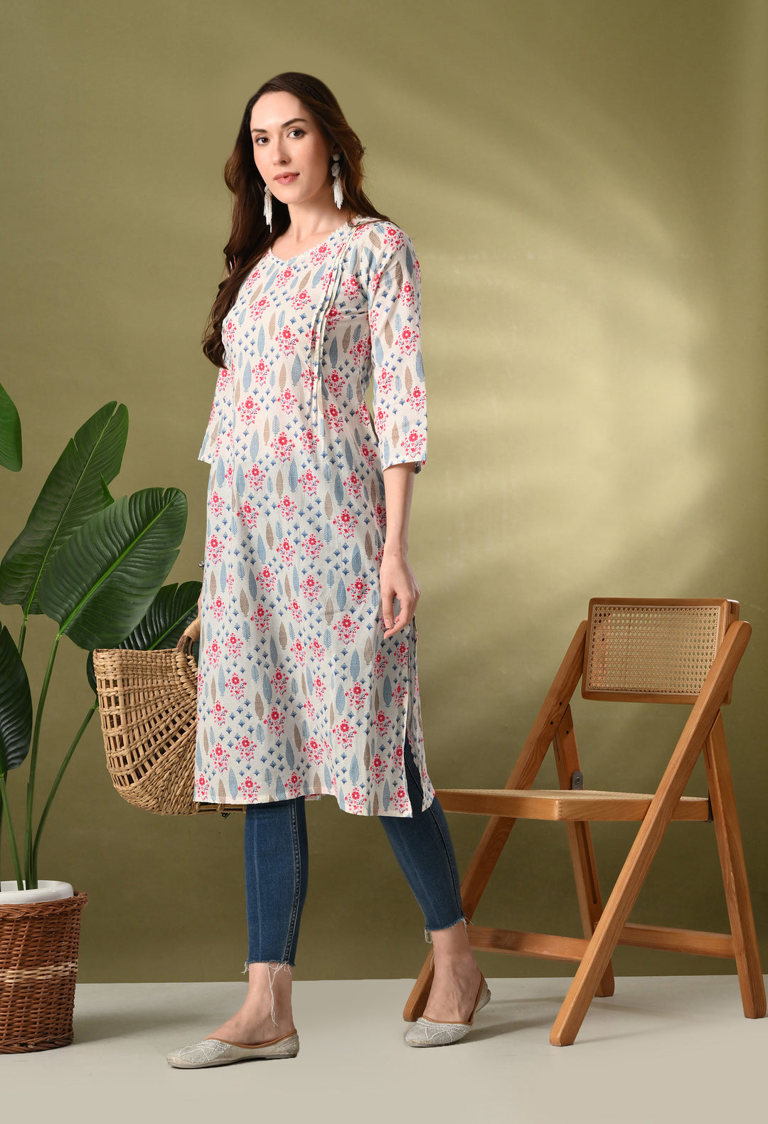 White Floral Print Flared Kurtas