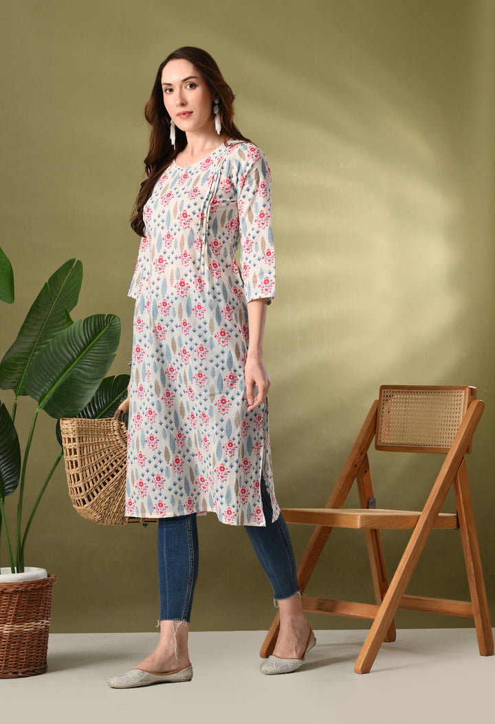 White Floral Print Flared Kurtas