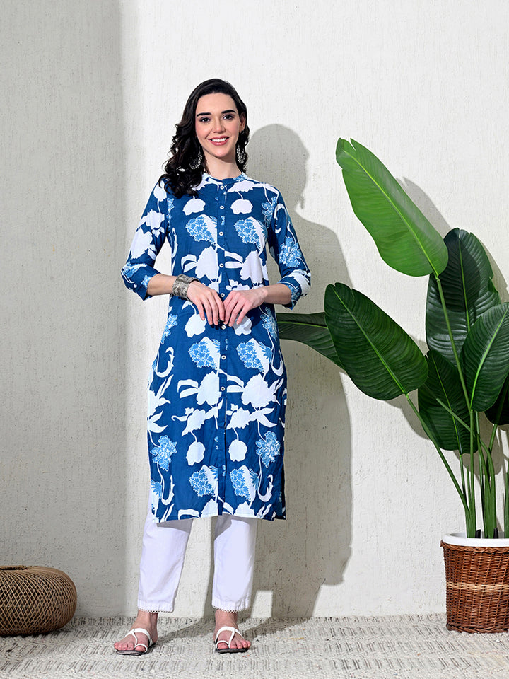 Blue Printed Cotton Front Slit Kurta