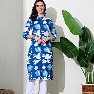 Blue Printed Cotton Front Slit Kurta