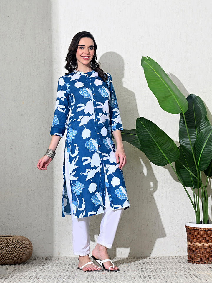 Blue Printed Cotton Front Slit Kurta