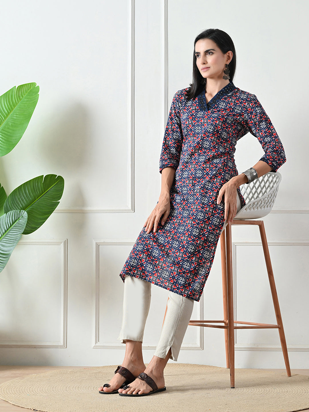 Blue Geometric Print Cotton Kurta