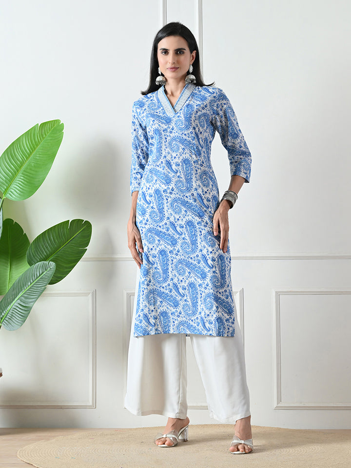 Blue Printed Cotton Straight Kurta