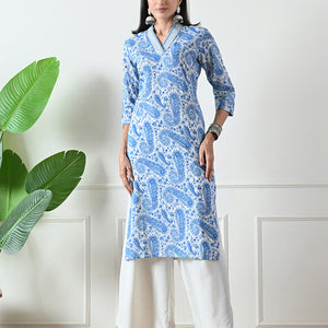Blue Printed Cotton Straight Kurta