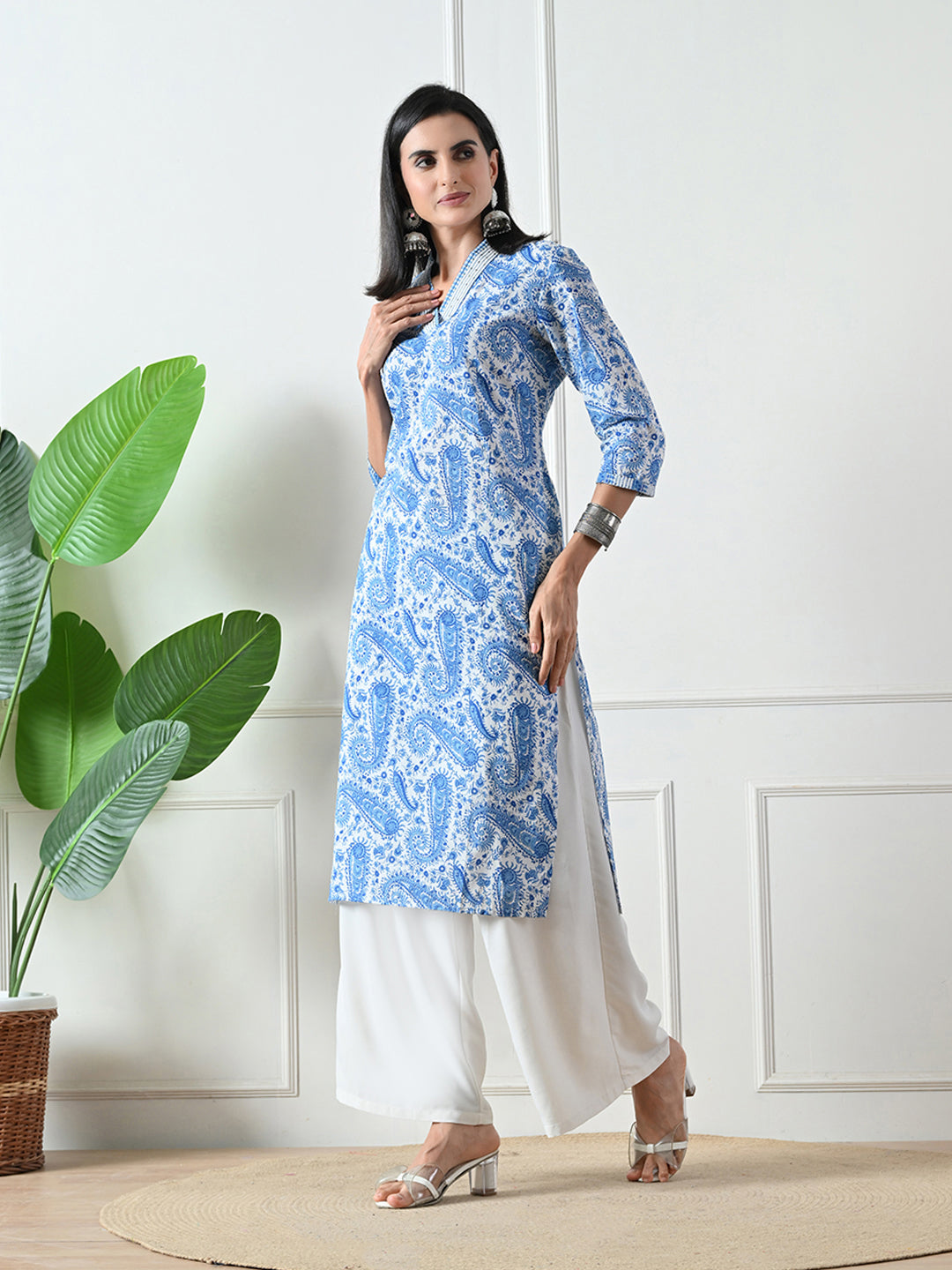 Blue Printed Cotton Straight Kurta