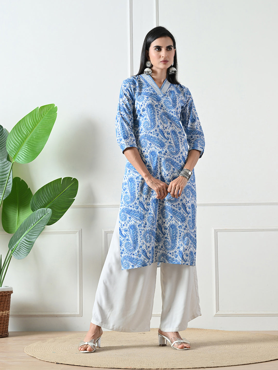 Blue Printed Cotton Straight Kurta