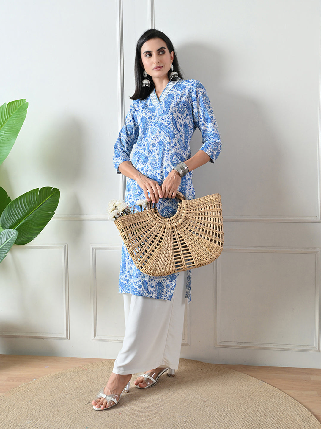 Blue Printed Cotton Straight Kurta