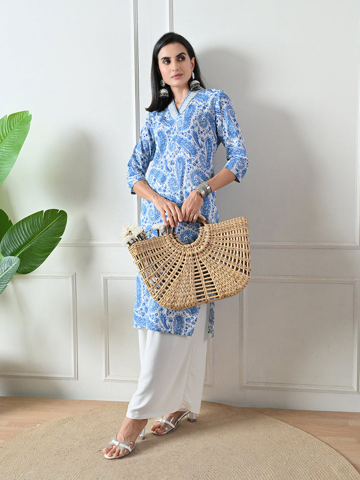 Blue Printed Cotton Straight Kurta