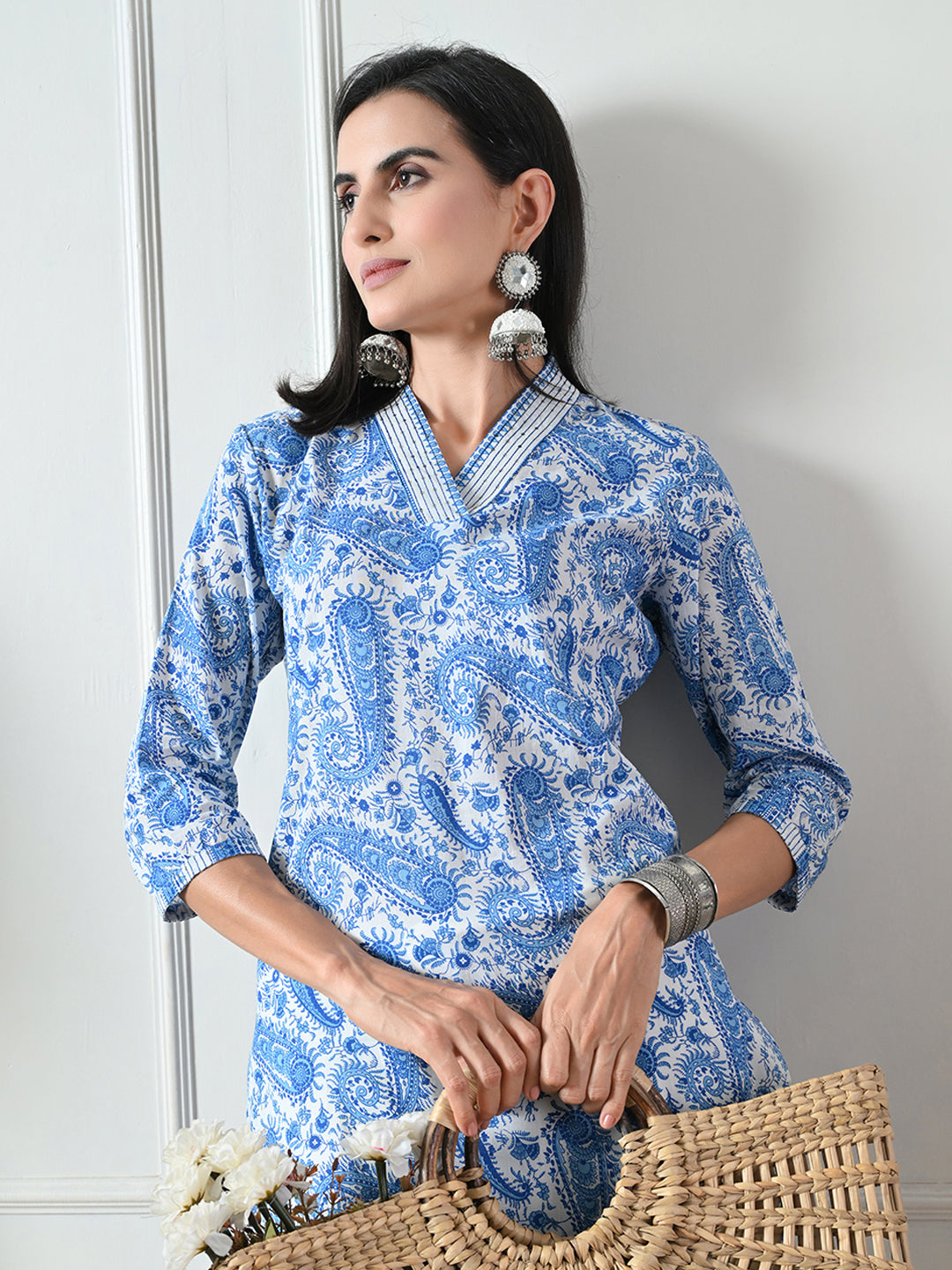 Blue Printed Cotton Straight Kurta
