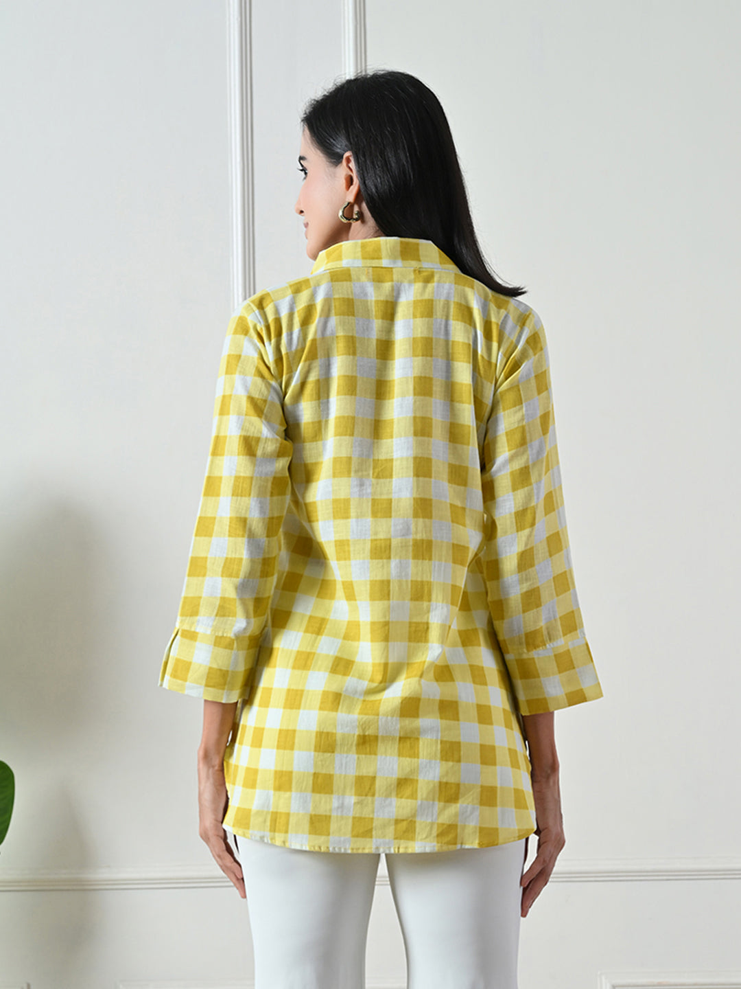 Yellow Checked Printed Cotton Top