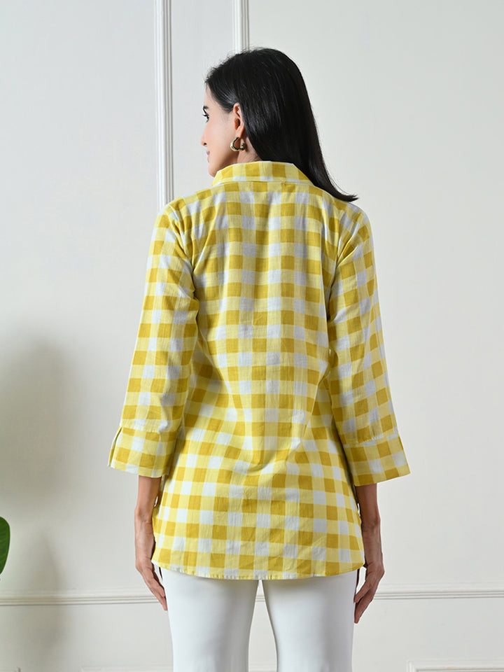 Yellow Checked Printed Cotton Top