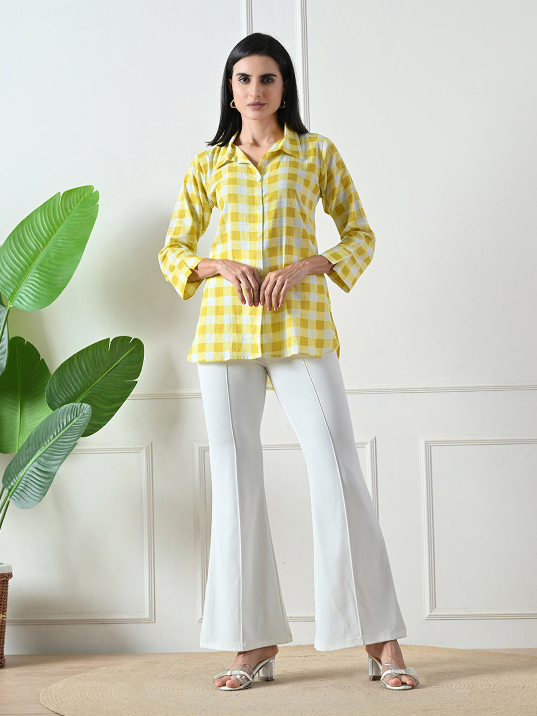 Yellow Checked Printed Cotton Top