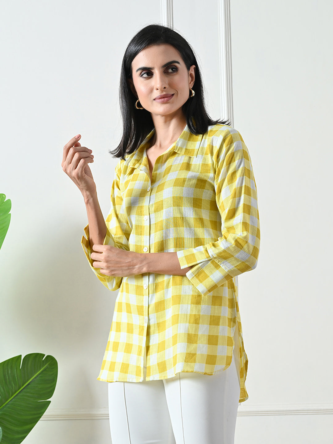 Yellow Checked Printed Cotton Top