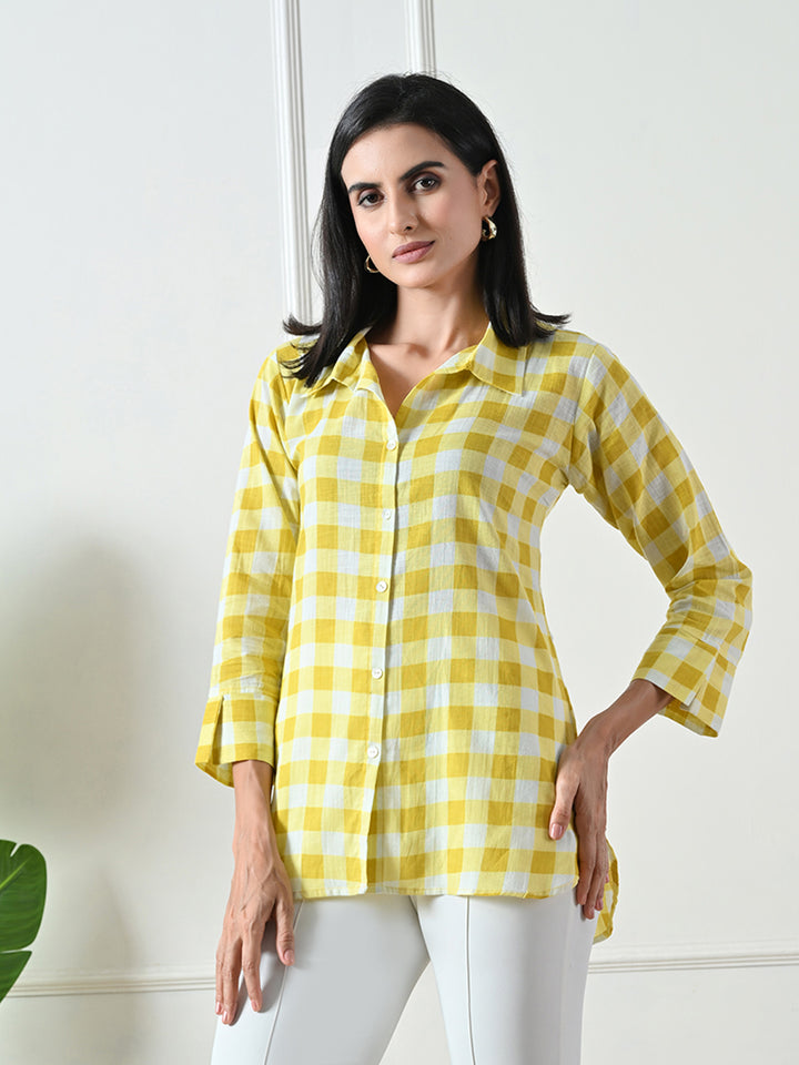 Yellow Checked Printed Cotton Top