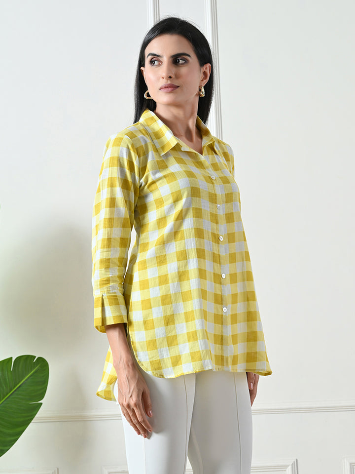 Yellow Checked Printed Cotton Top