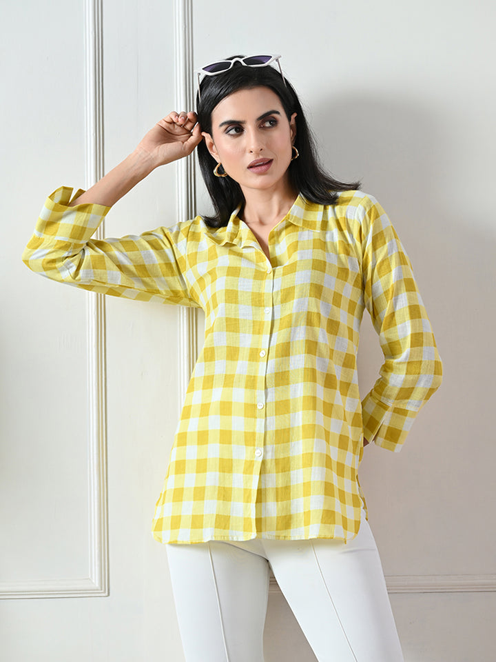 Yellow Checked Printed Cotton Top