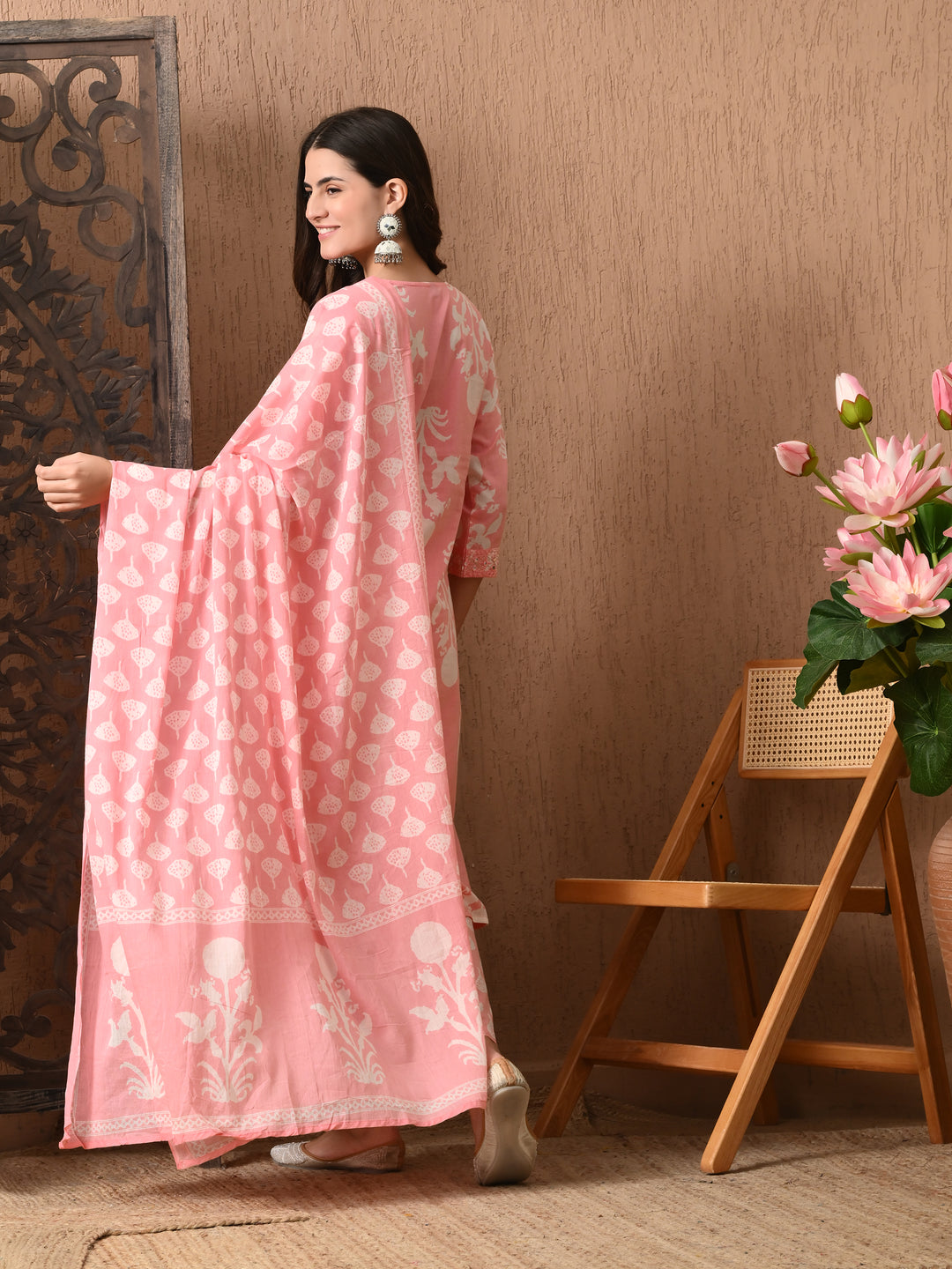 Pink Floral V-Neck Kurta Sets