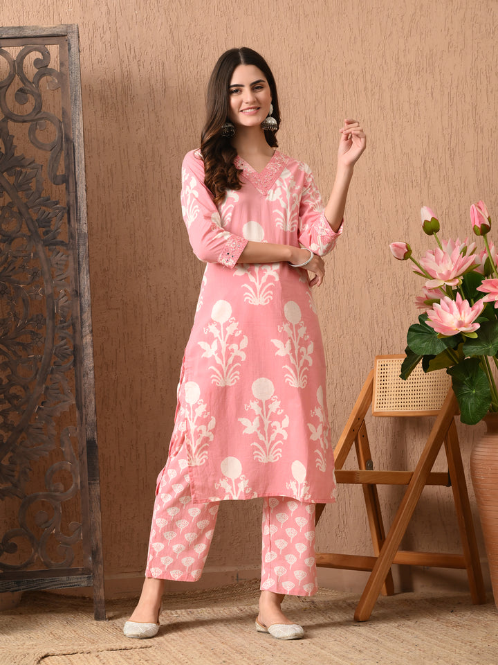 Pink Floral V-Neck Kurta Sets
