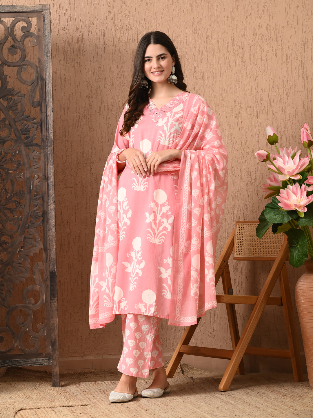 Pink Floral V-Neck Kurta Sets