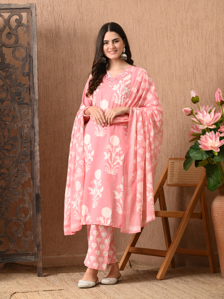 Pink Floral V-Neck Kurta Sets