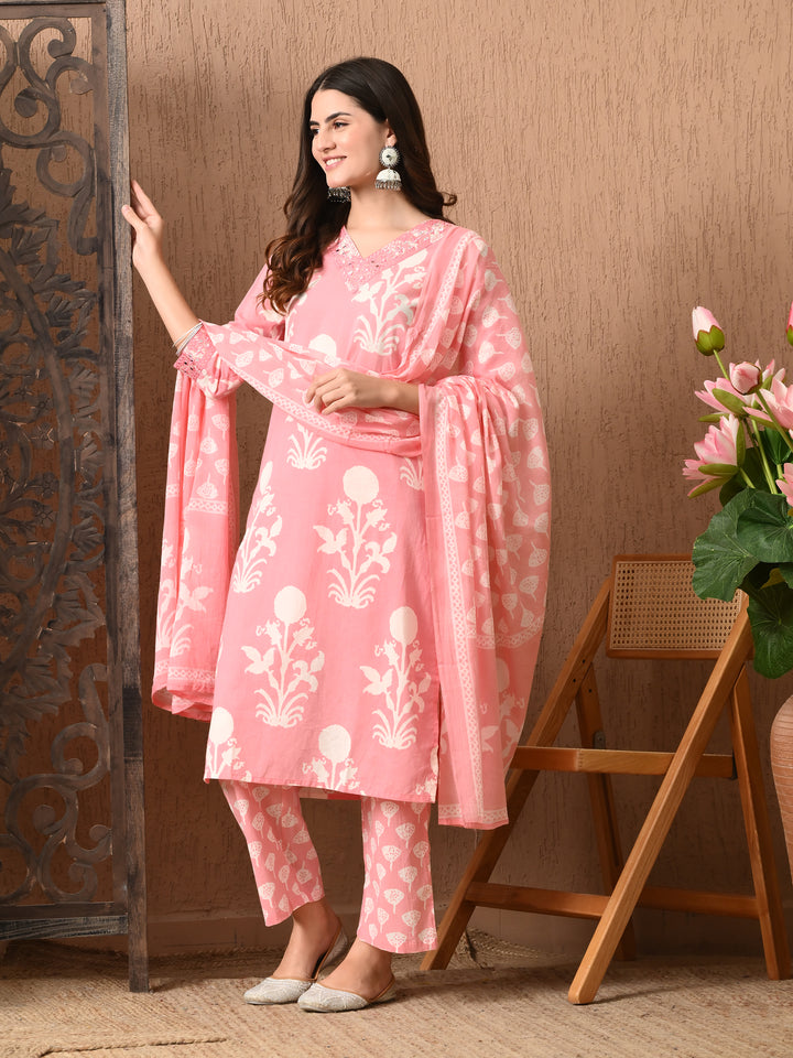 Pink Floral V-Neck Kurta Sets