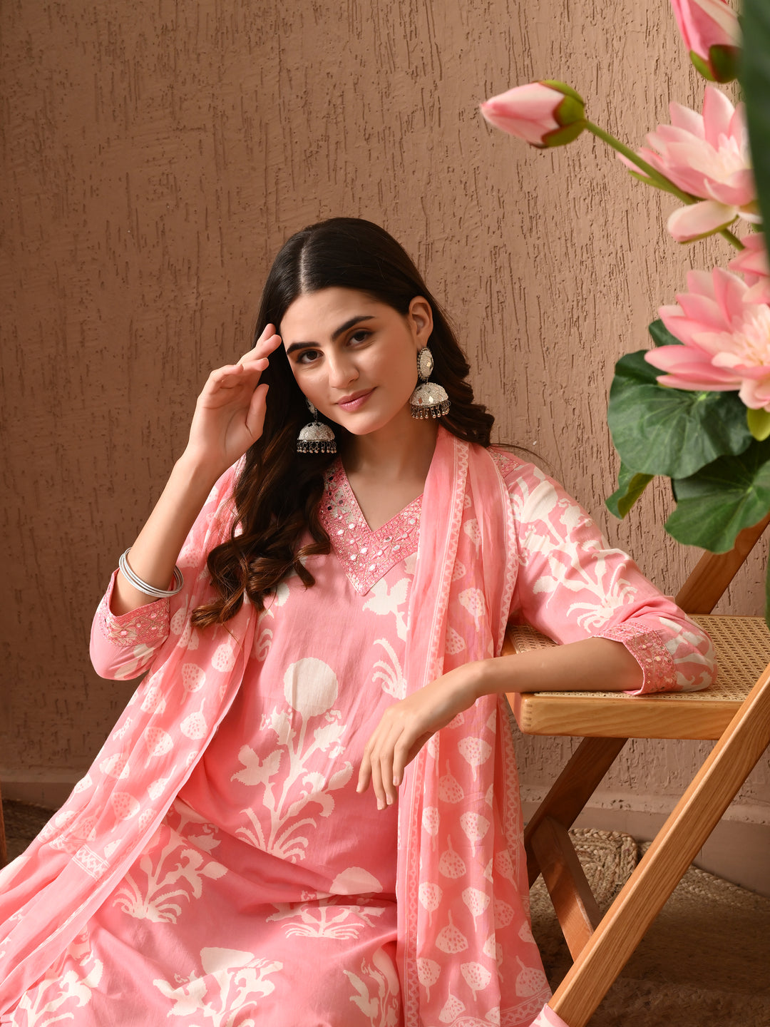 Pink Floral V-Neck Kurta Sets