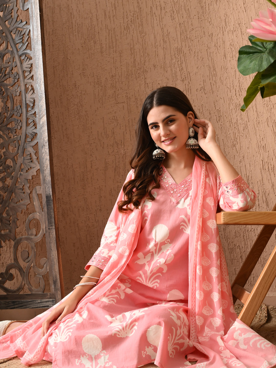 Pink Floral V-Neck Kurta Sets