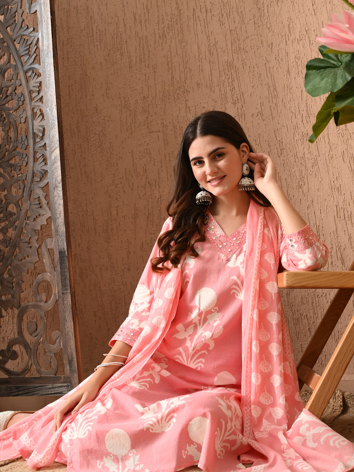 Pink Floral V-Neck Kurta Sets