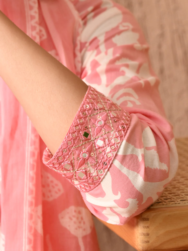 Pink Floral V-Neck Kurta Sets