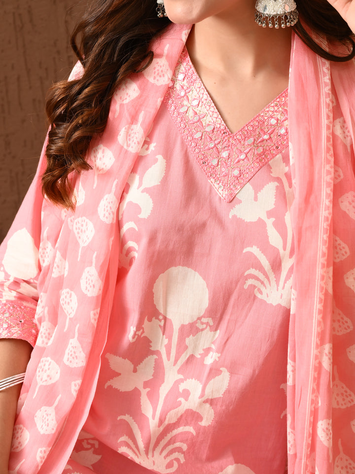 Pink Floral V-Neck Kurta Sets