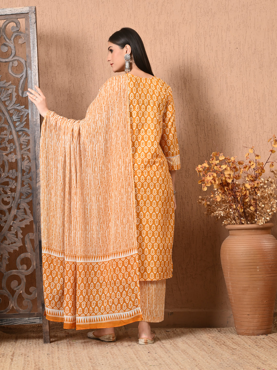 Yellow Floral V-Neck Kurta Sets