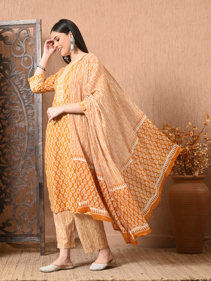 Yellow Floral V-Neck Kurta Sets