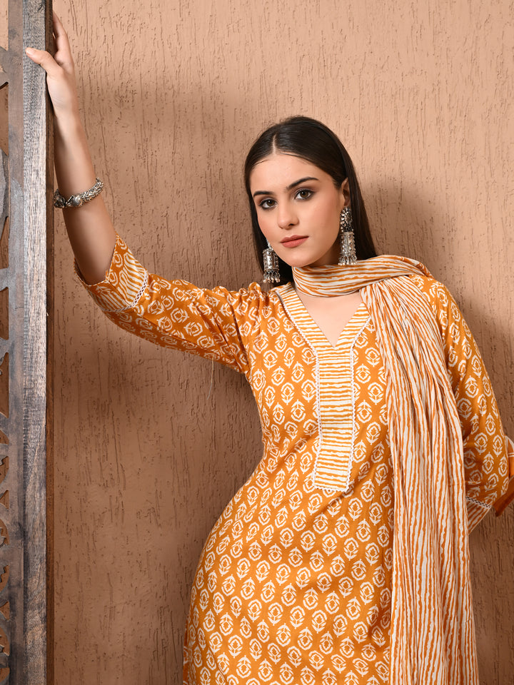 Yellow Floral V-Neck Kurta Sets