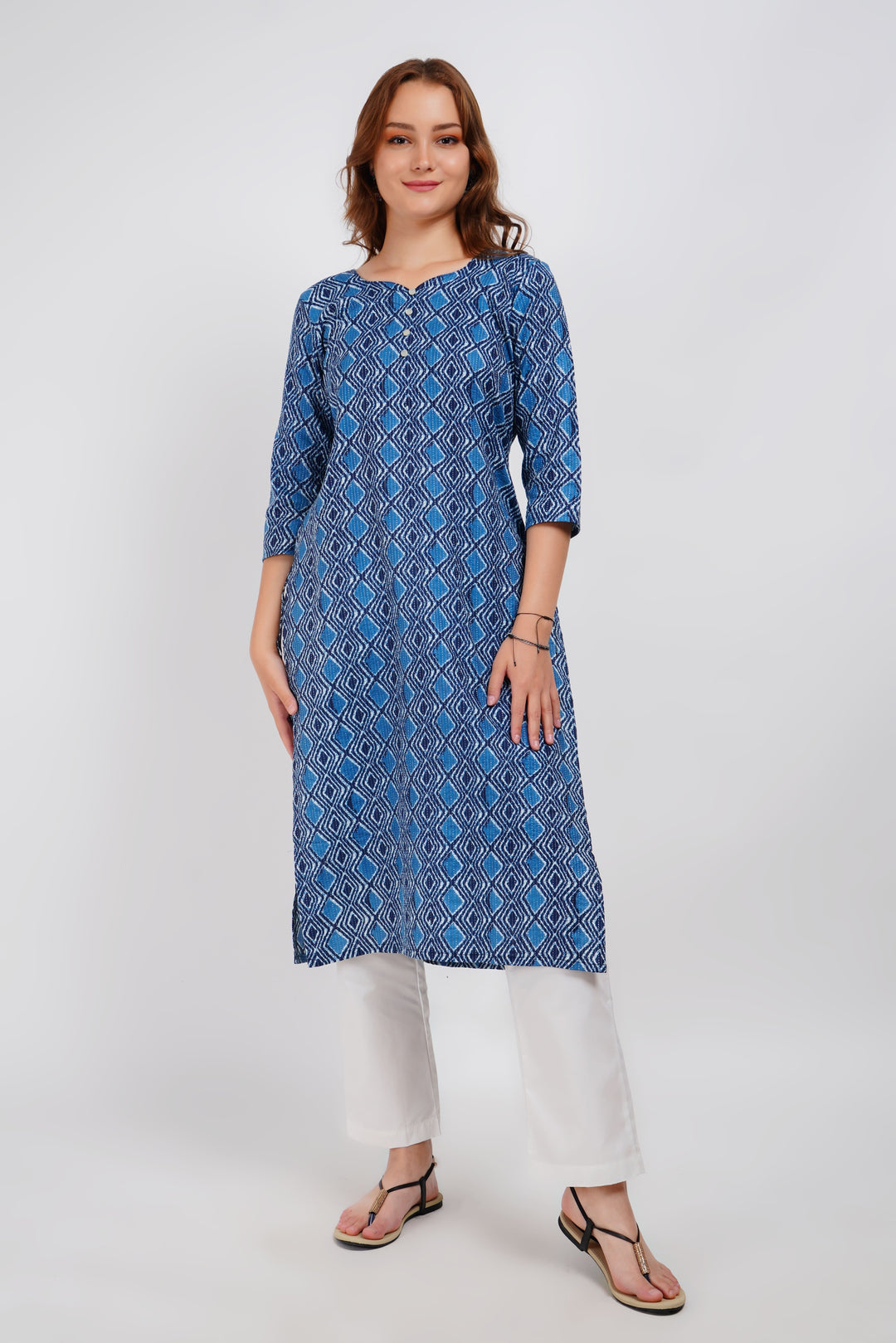 Blue Kantha Print Cotton Kurta