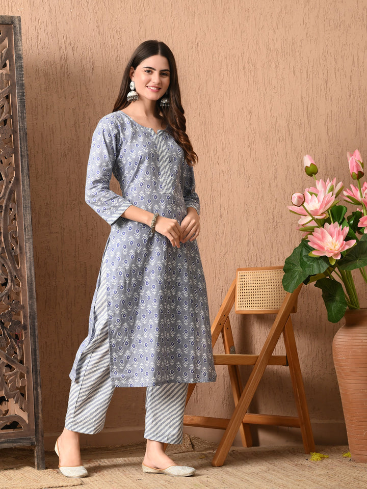 Grey Floral Round Neck Kurta Sets
