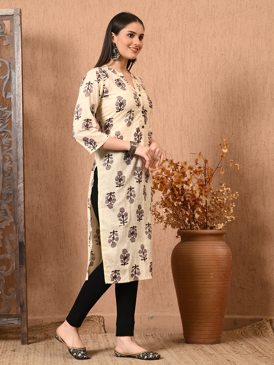 Beige Printed Cotton Kurta