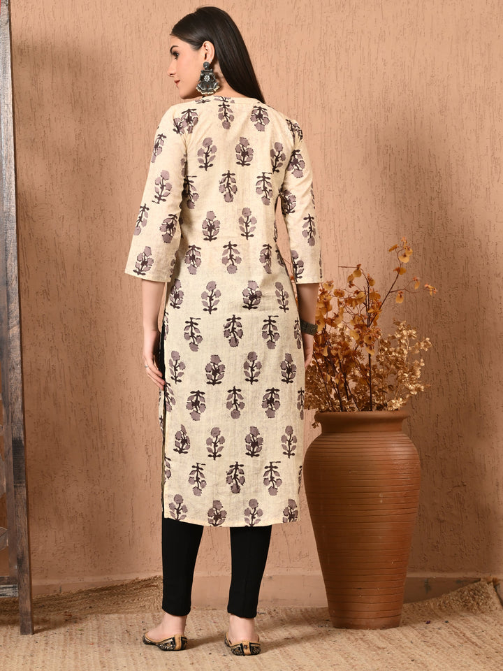Beige Printed Cotton Kurta