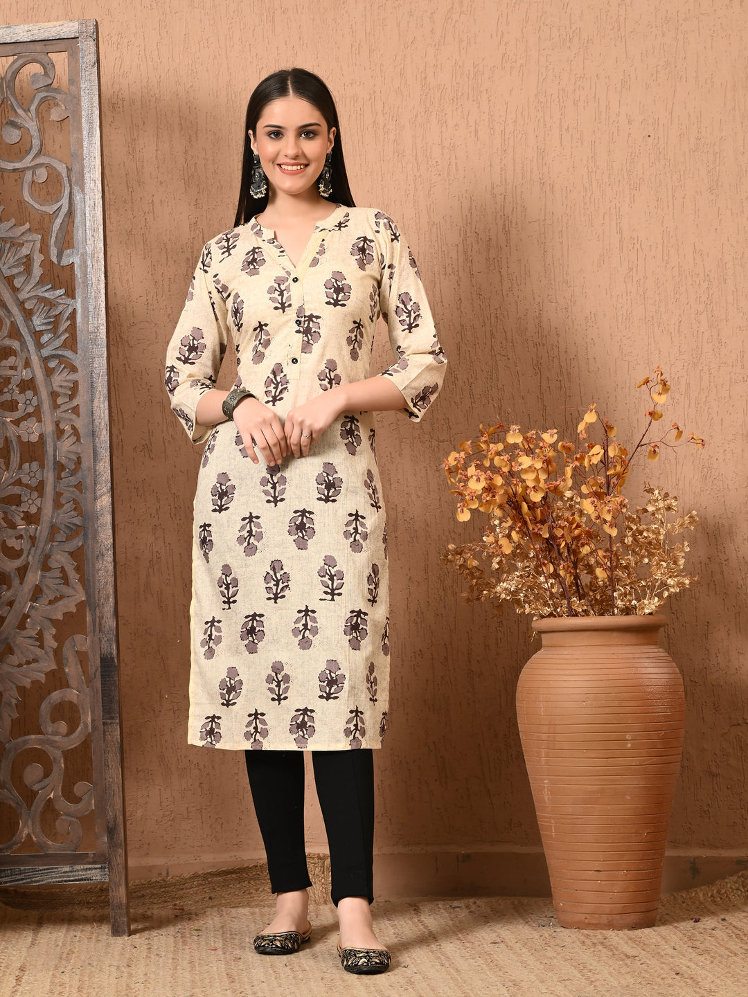 Beige Printed Cotton Kurta