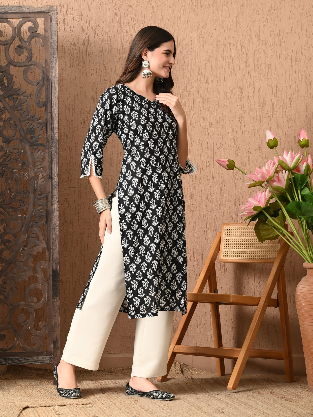 Black Printed Straight Cotton Kurta