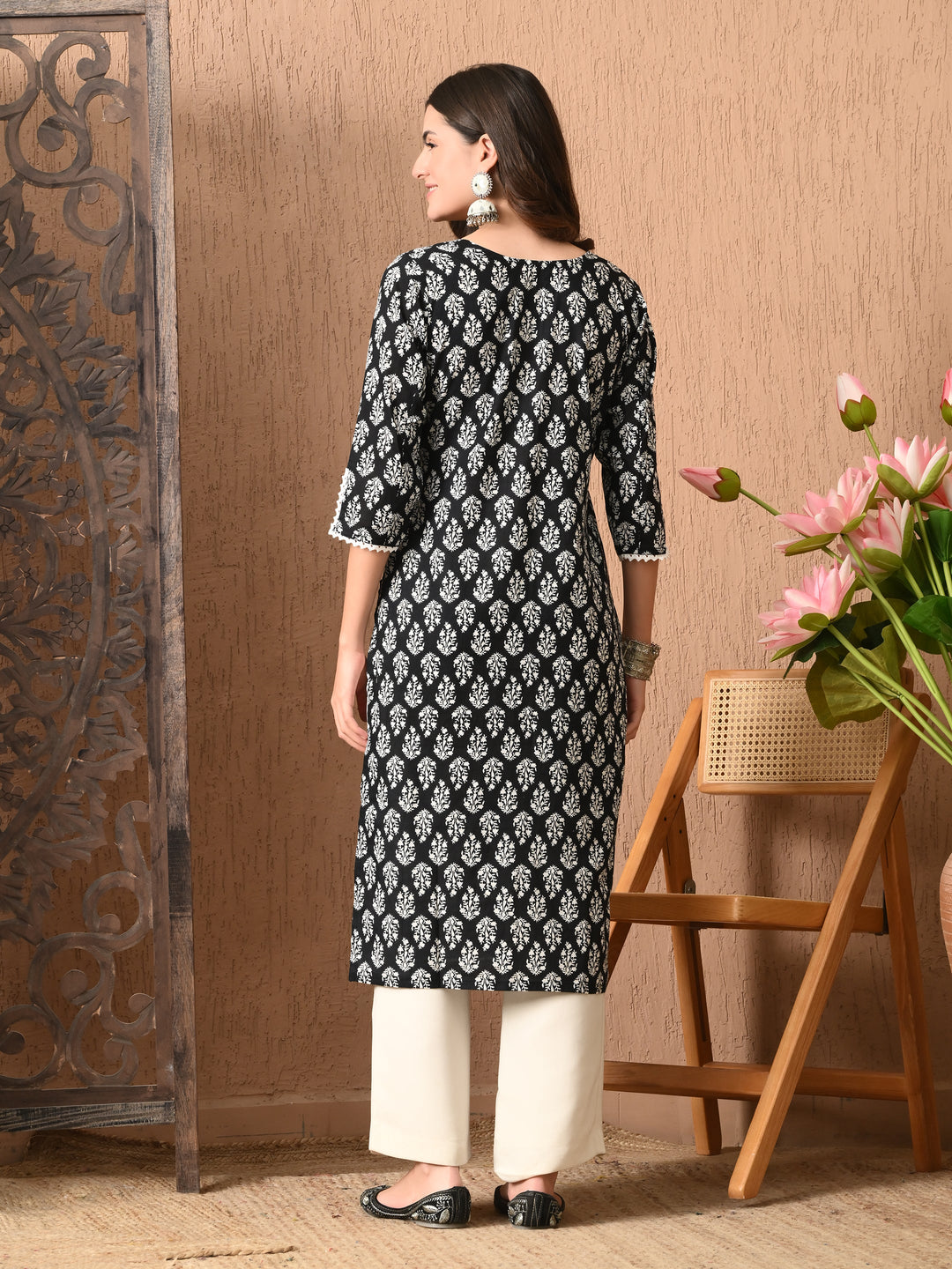Black Printed Straight Cotton Kurta