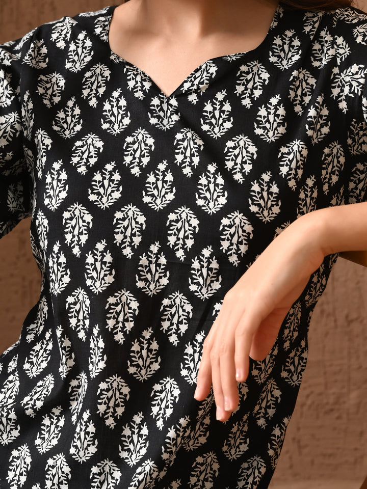 Black Printed Straight Cotton Kurta