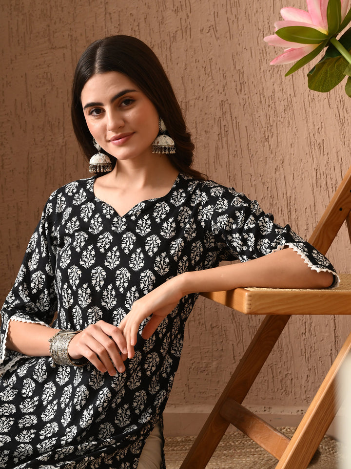 Black Printed Straight Cotton Kurta