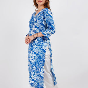 Blue Printed Ruffeled Sleeve Straight Kurta