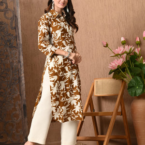 Brown Printed Collared  Cotton Kurta