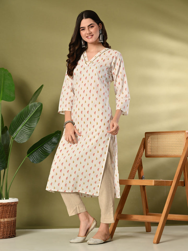 White Floral Print Sequnce Lace V-Neck Kurta