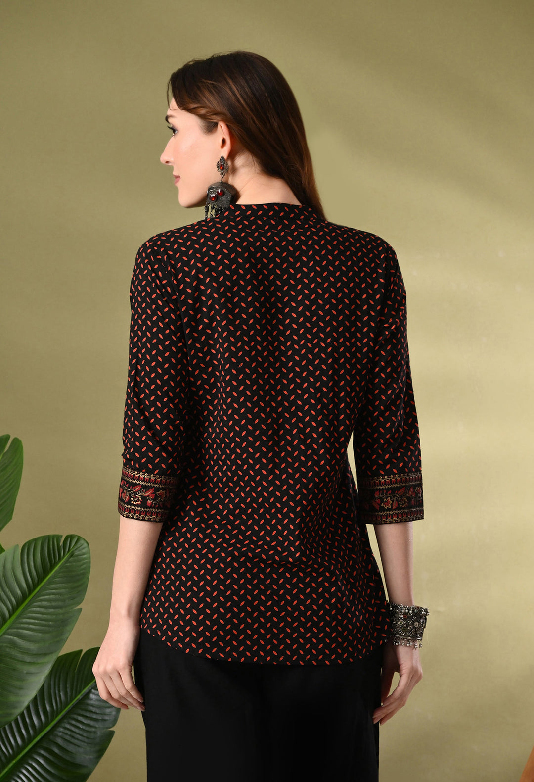 Black Printed V-Neck Cotton Top