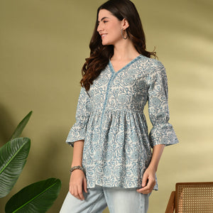 Blue Printed Flared Cotton top